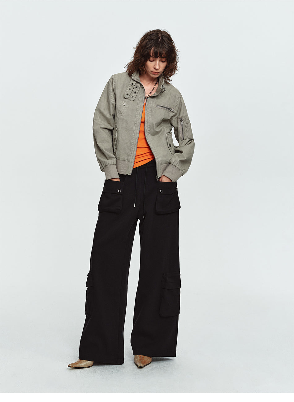 MADWITCH BUCKLED-COLLAR MULTI-POCKET WASHED CROPPED JACKET #N607