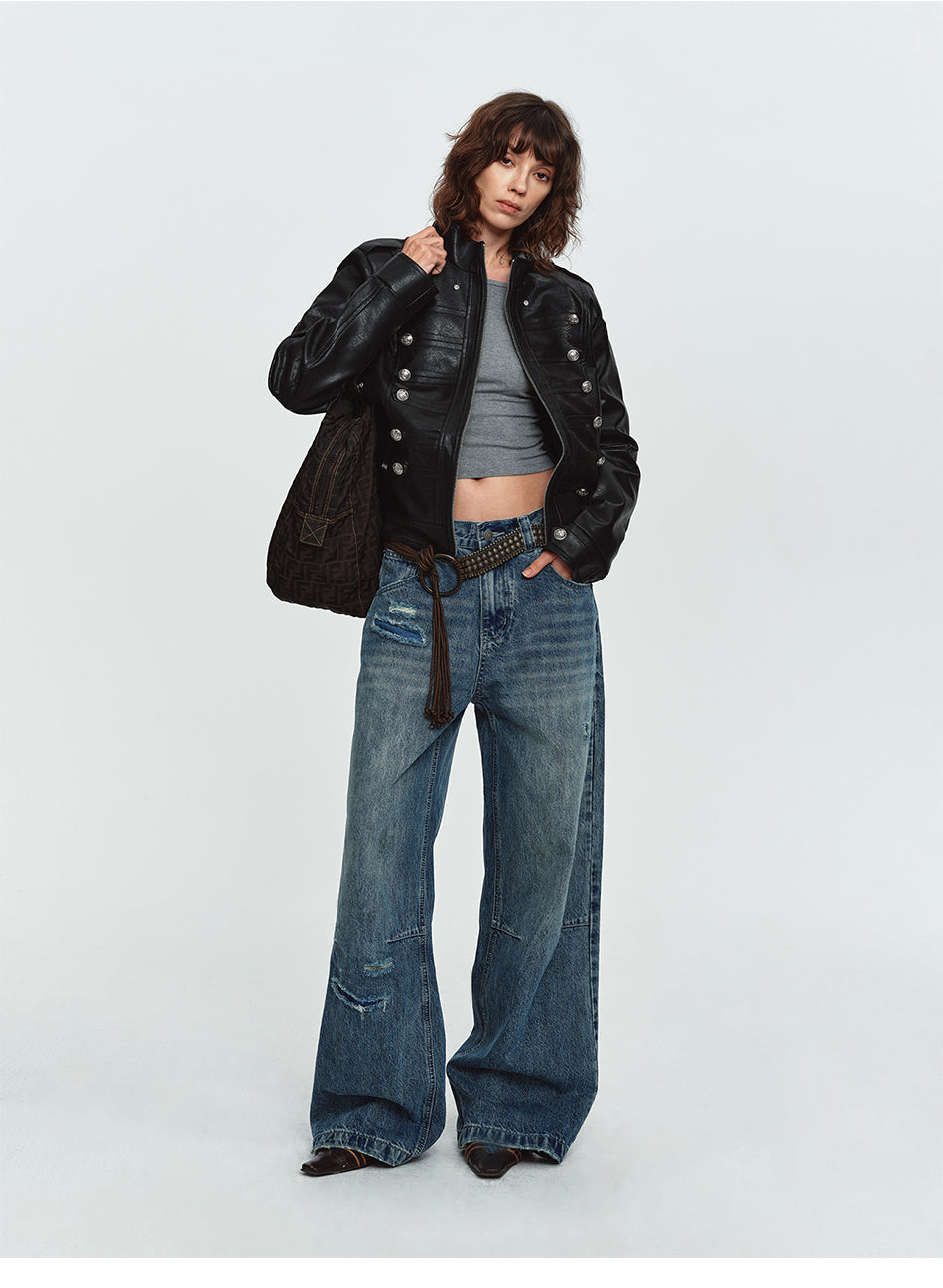 MADWITCH NAPOLEON-BUTTON CROPPED LEATHER BIKER JACKET #AW26188