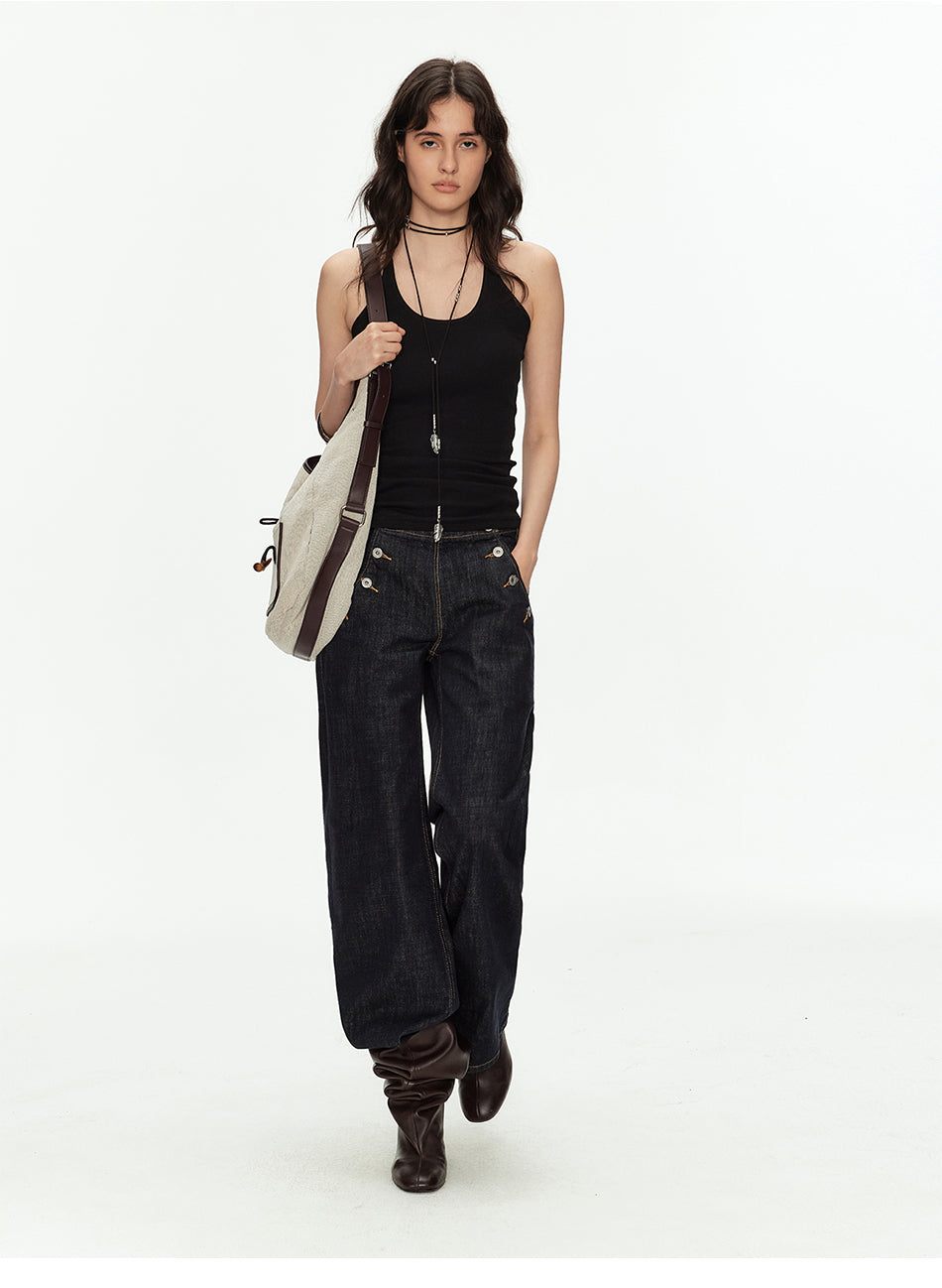 MADWITCH VINTAGE BUTTON SIDE WIDE JEANS #GPC9816N