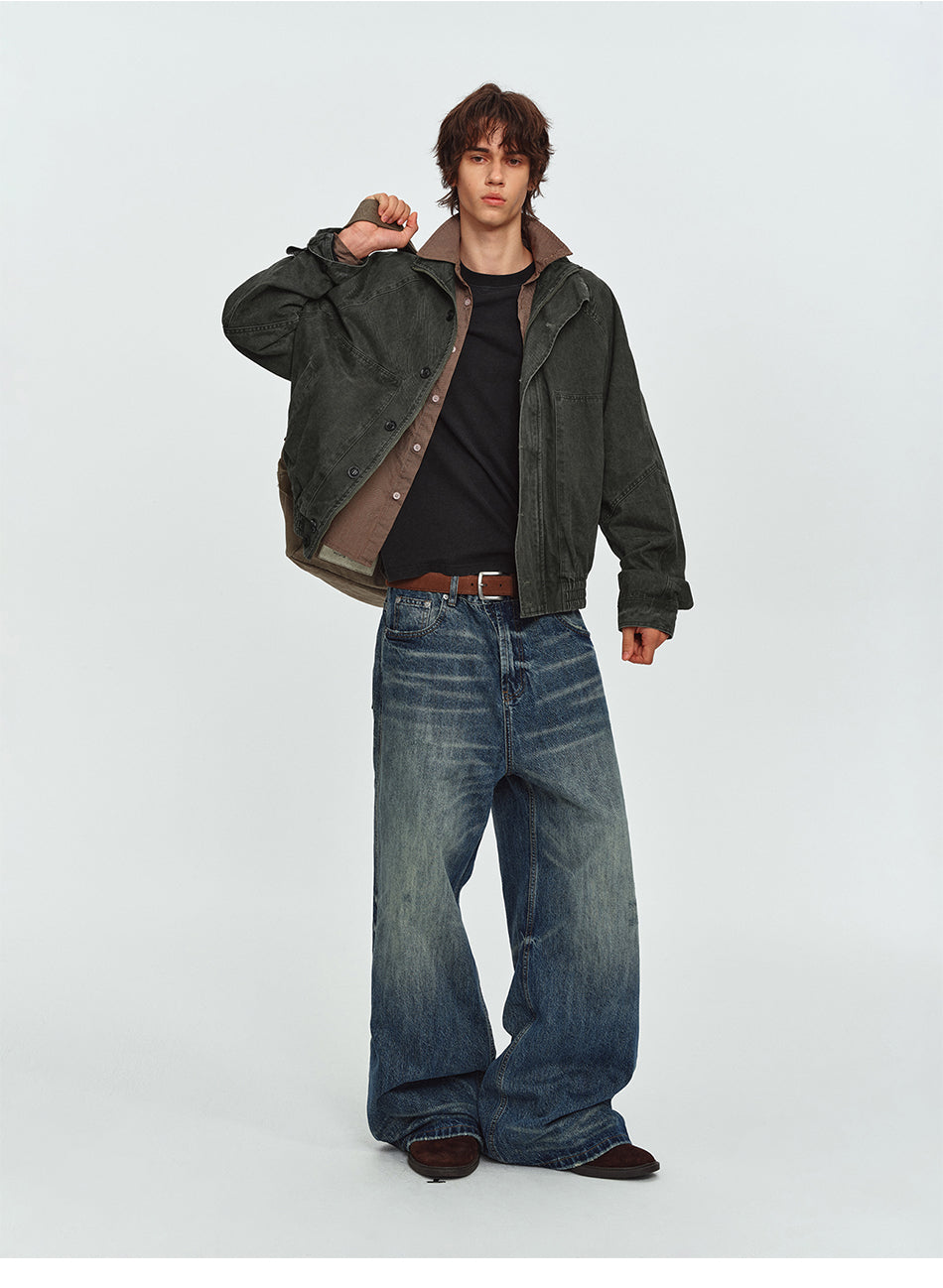 MADWITCH WASHED STAND-COLLAR RIBBED-HEM JACKET #AW26608
