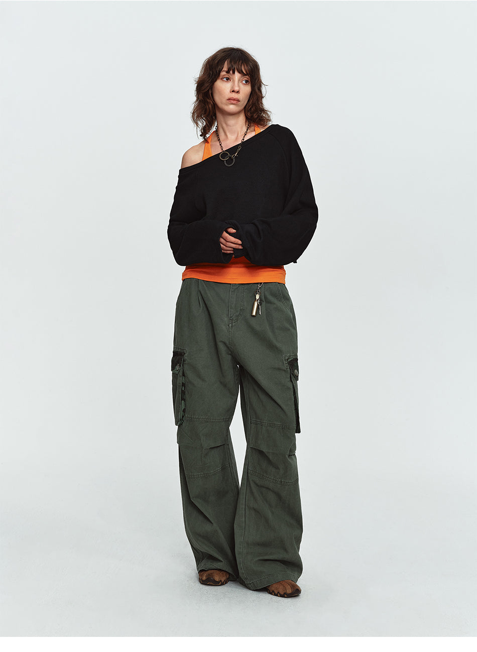 MADWITCH PLEATED CAMO-PATCHWORK WASHED CARGO PANTS #6851