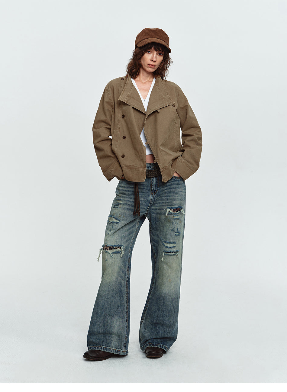 MADWITCH ASYMMETRIC WASHED STAND-COLLAR JACKET #N610