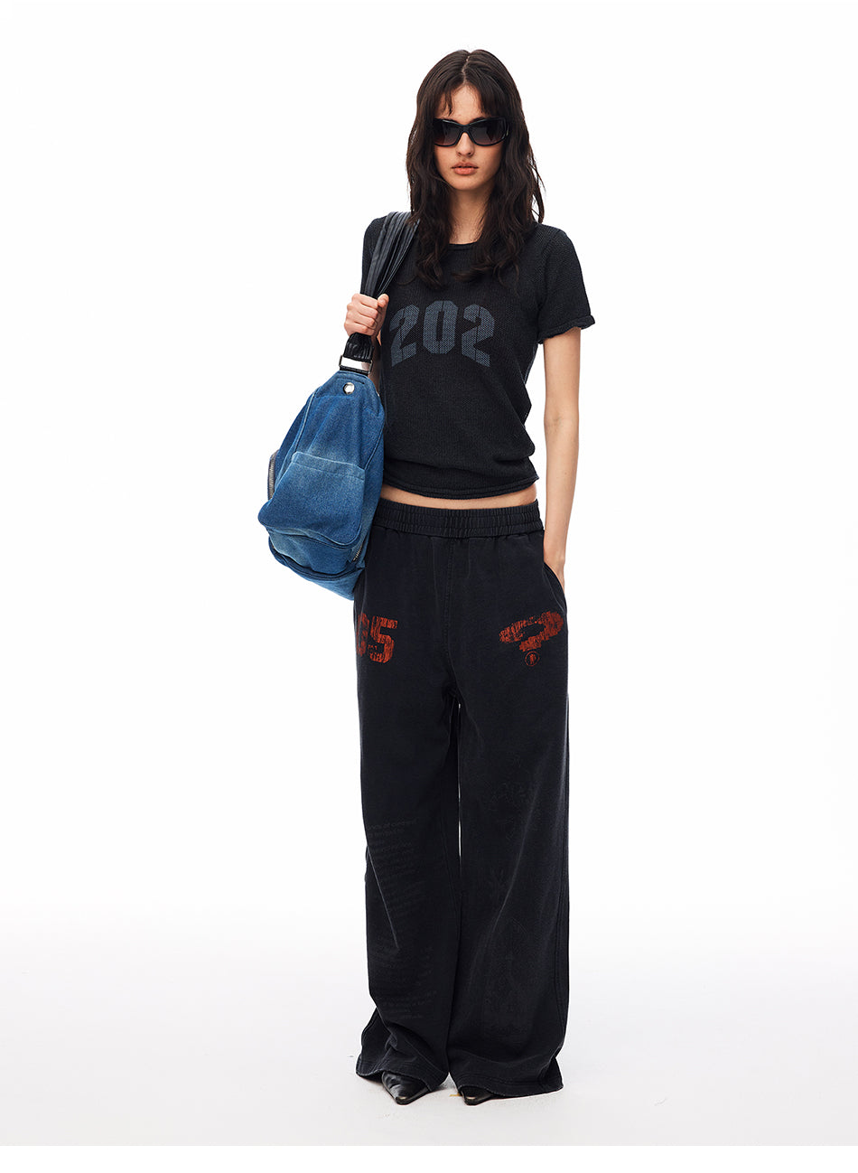 MADWITCH WASHED DISTRESSED PRINTED WIDE-LEG SWEATPANTS #CK61069