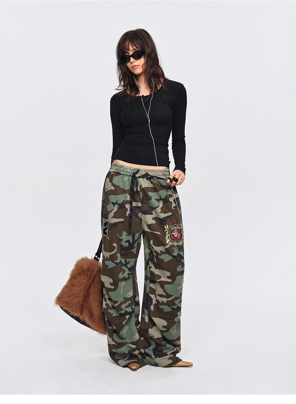 MADWITCH EMBROIDERED SIDE-STRIPE CAMO WIDE-LEG PANTS #CK61091