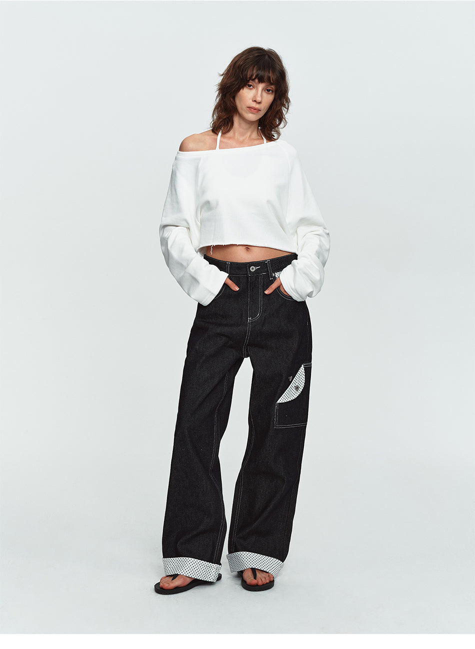 MADWITCH POLKA-DOT PATCHWORK CUFFED WIDE-LEG JEANS #G60107