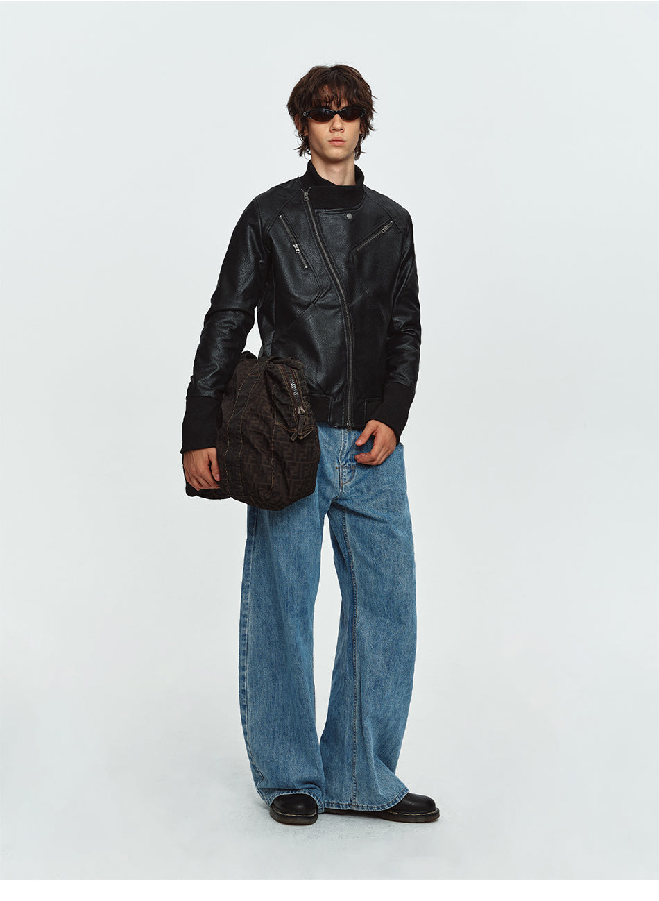 MADWITCH ASYMMETRICAL-ZIP STAND-COLLAR FAUX-LEATHER MOTO JACKET #CW1373N