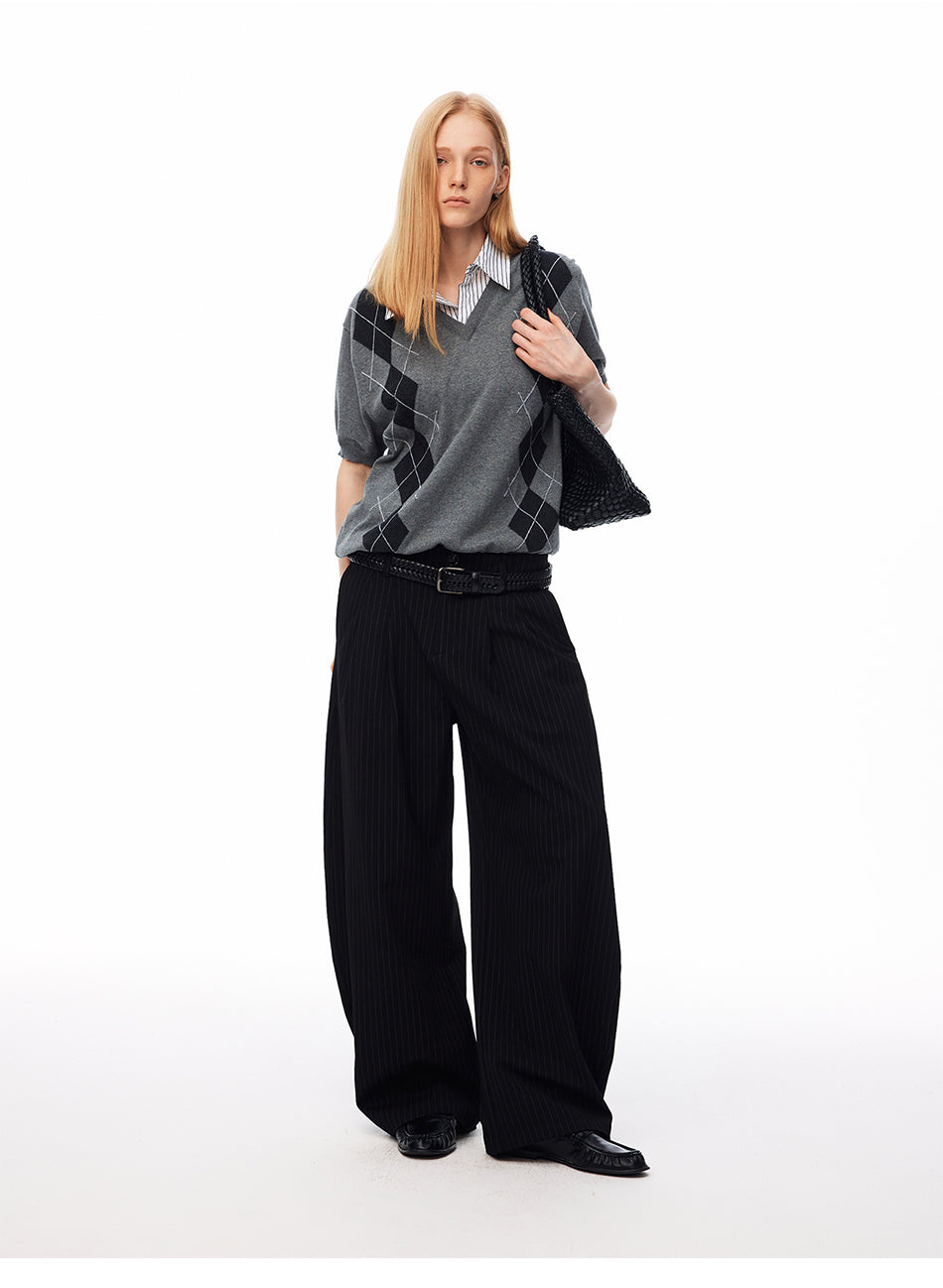 MADWITCH STRIPED PLEATED CURVED WIDE-LEG PANTS #CK61039