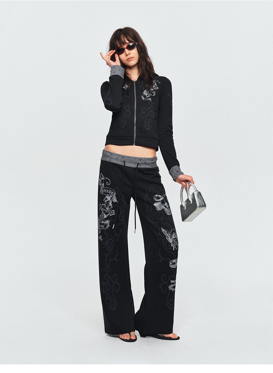 MADWITCH STUDDED SCROLL-PRINT HOODIE CARDIGAN #L2026544