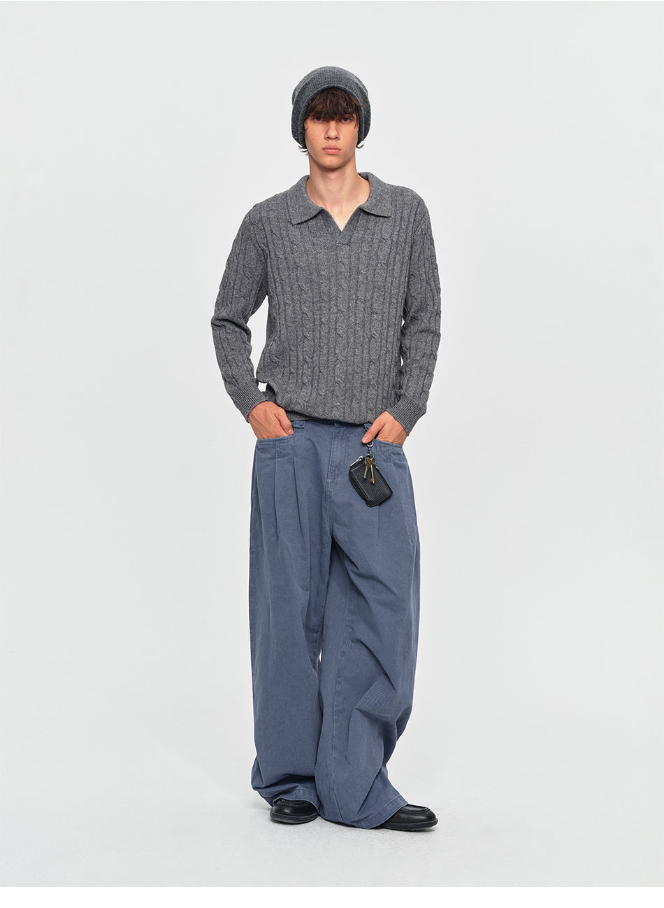 MADWITCH TEXTURED CABLE-KNIT WOOL-BLEND POLO SWEATER #11892