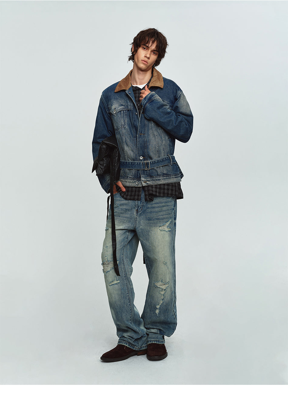 MADWITCH CONTRAST-COLLAR WASHED DISTRESSED DENIM JACKET #Z1650