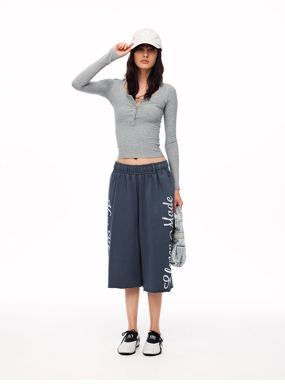 MADWITCH RIBBED U NECK HENLEY LONG SLEEVE TEE #G2079
