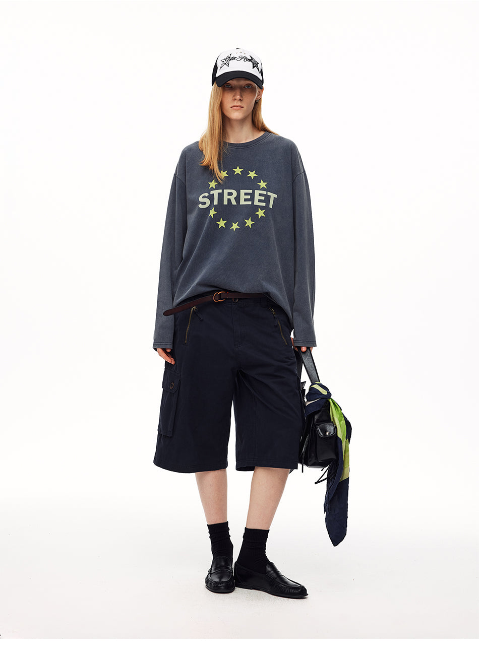 MADWITCH STREETWEAR DISTRESSED STAR-PRINT LONG-SLEEVE T-SHIRT #N2193