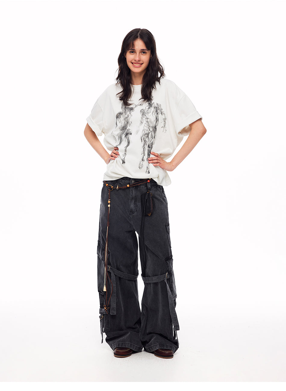 MADWITCH WASHED STRAPPED CARGO JEANS #MC2602