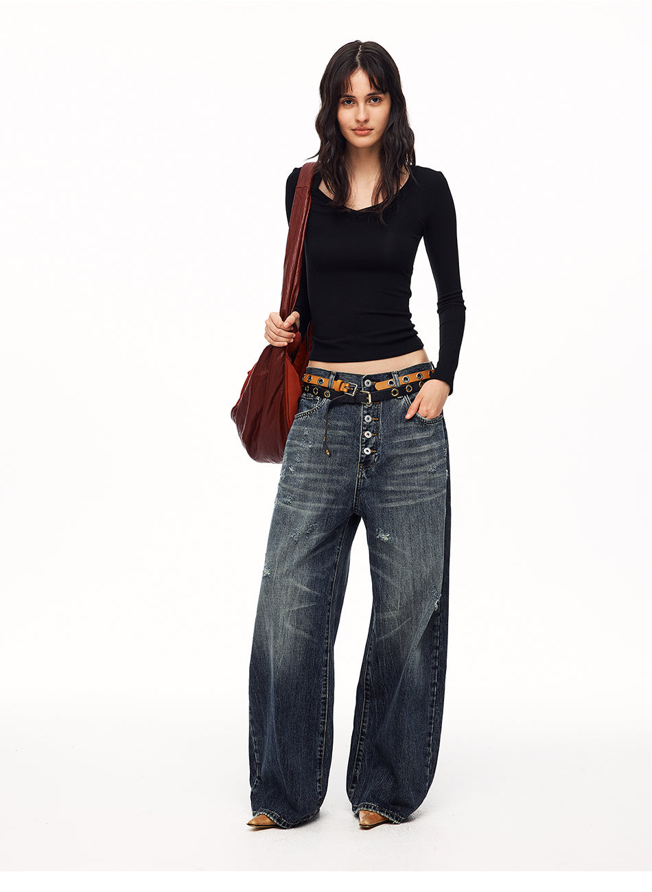 MADWITCH UNISEX MULTI-BUTTON WASHED WIDE-LEG JEANS #GPC9838