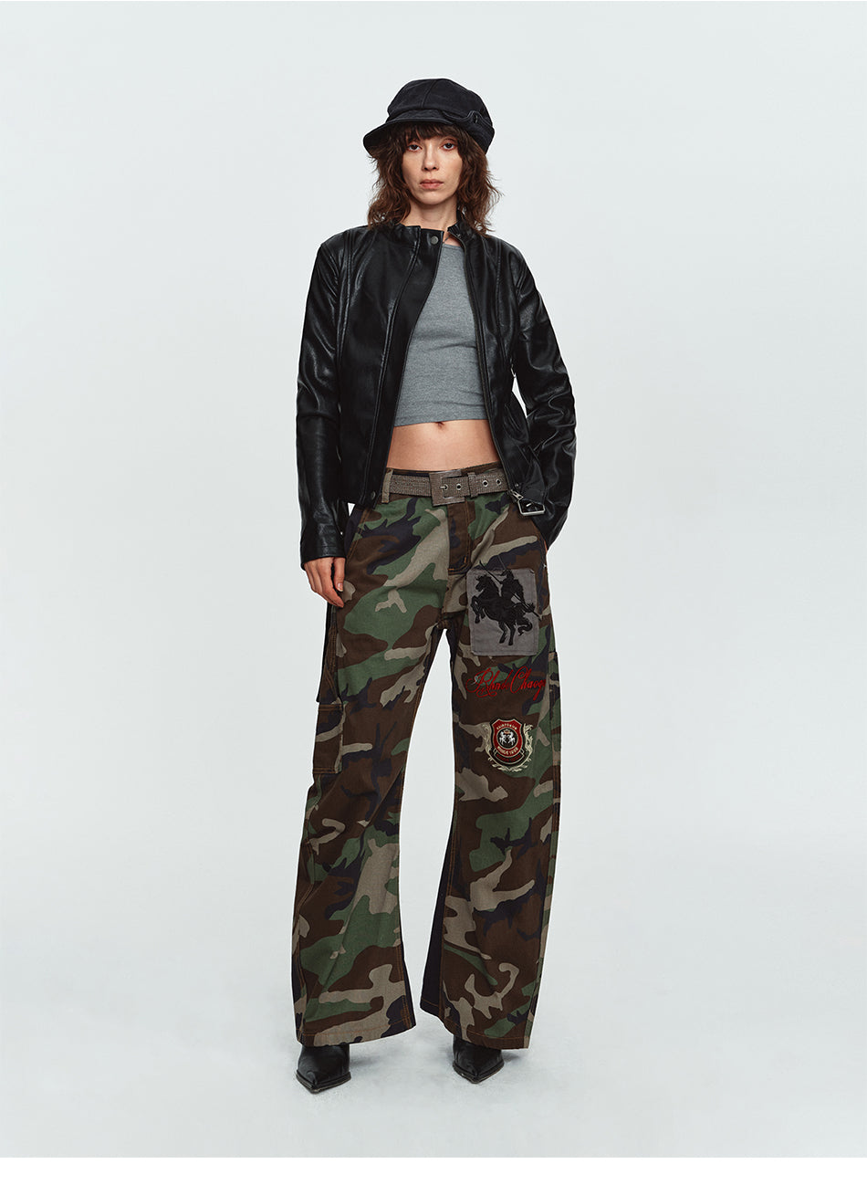 MADWITCH BADGE-EMBROIDERED CAMO CURVED-LEG CARGO PANTS #L2026627
