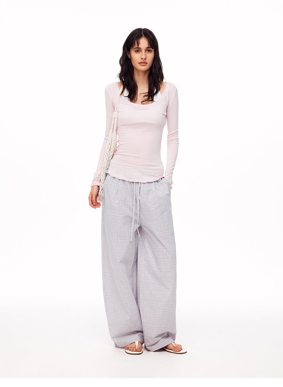 MADWITCH MINIMALIST PLAID DRAWSTRING WIDE-LEG PANTS #CK61081