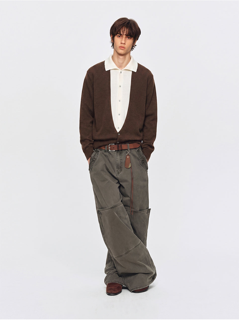 MADWITCH LAYERED SHIRT-COLLAR CONTRAST-PLACKET KNIT CARDIGAN #UTU085