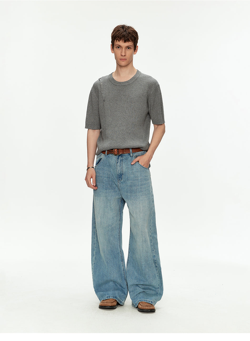 MADWITCH ASYMMETRIC BUTTON RIBBED KNIT TEE #MY26503