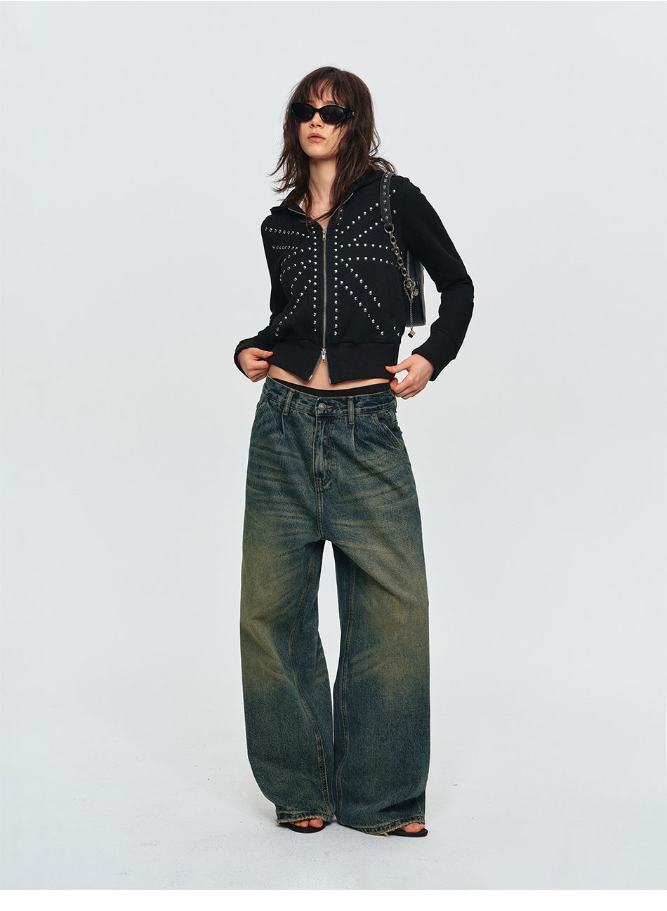 MADWITCH DOUBLE-PLEATED WASHED WIDE-LEG JEANS #CK9853