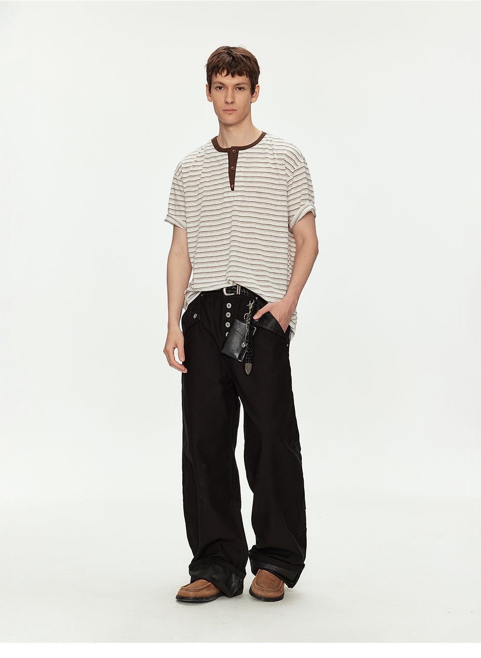 MADWITCH LINEN HENLEY STRIPE TEE #991382
