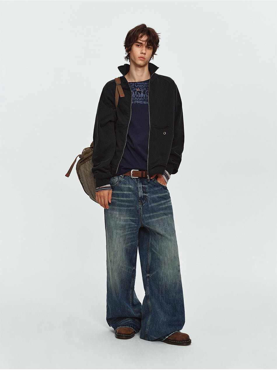 MADWITCH WASHED EYELET-POCKET ZIP SWEATSHIRT JACKET #CW1382