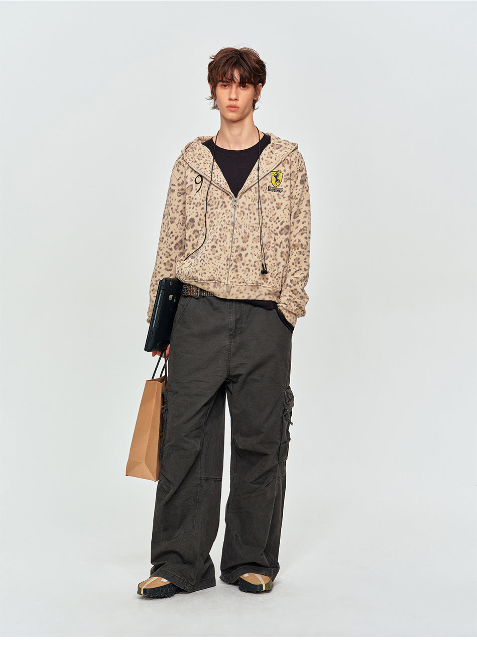 MADWITCH LEOPARD-PRINT EMBROIDERED CROPPED ZIP HOODIE #2604WY7021
