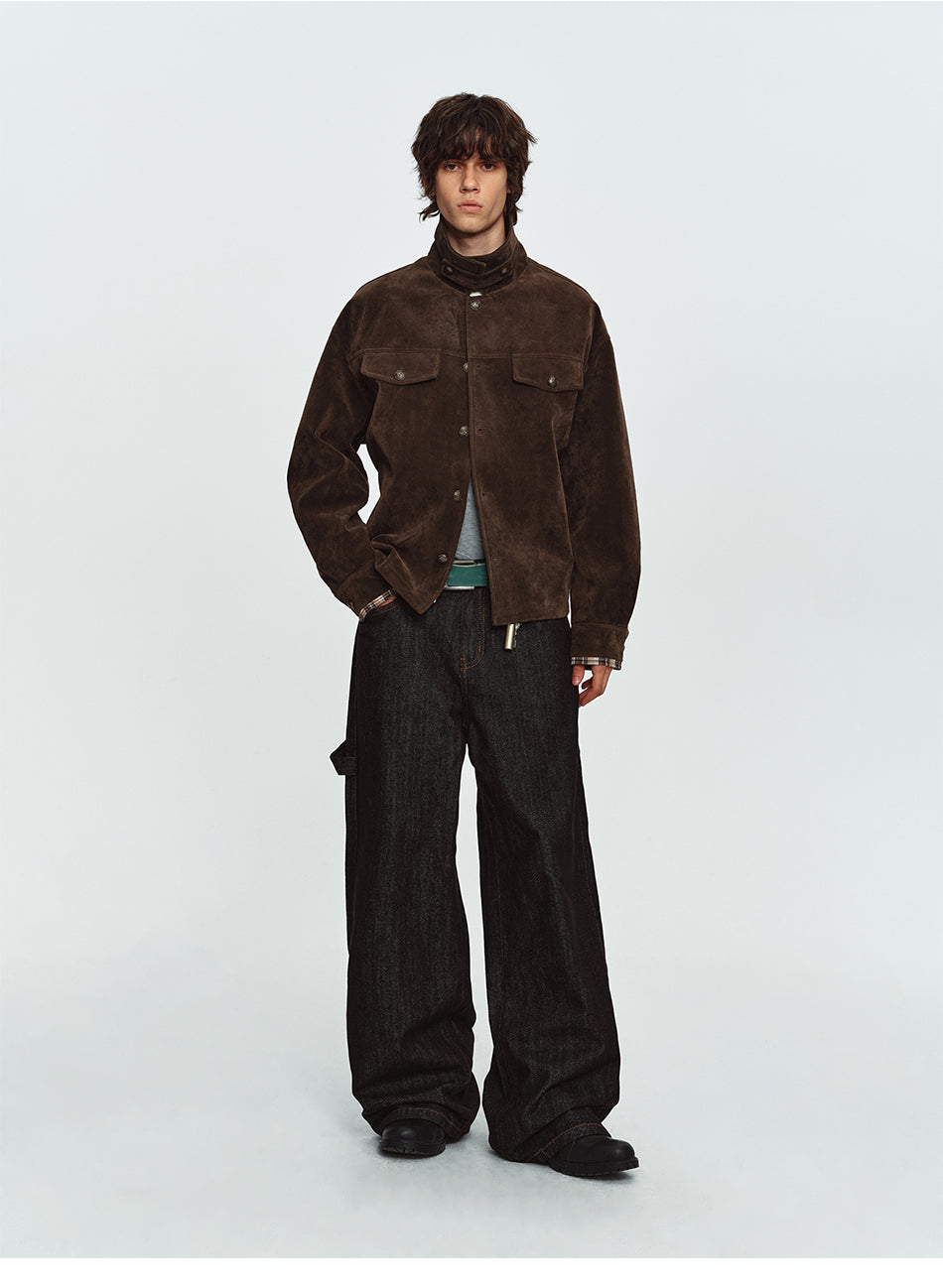 MADWITCH FLOCKED-LEATHER STAND-COLLAR CROPPED UTILITY JACKET #630098