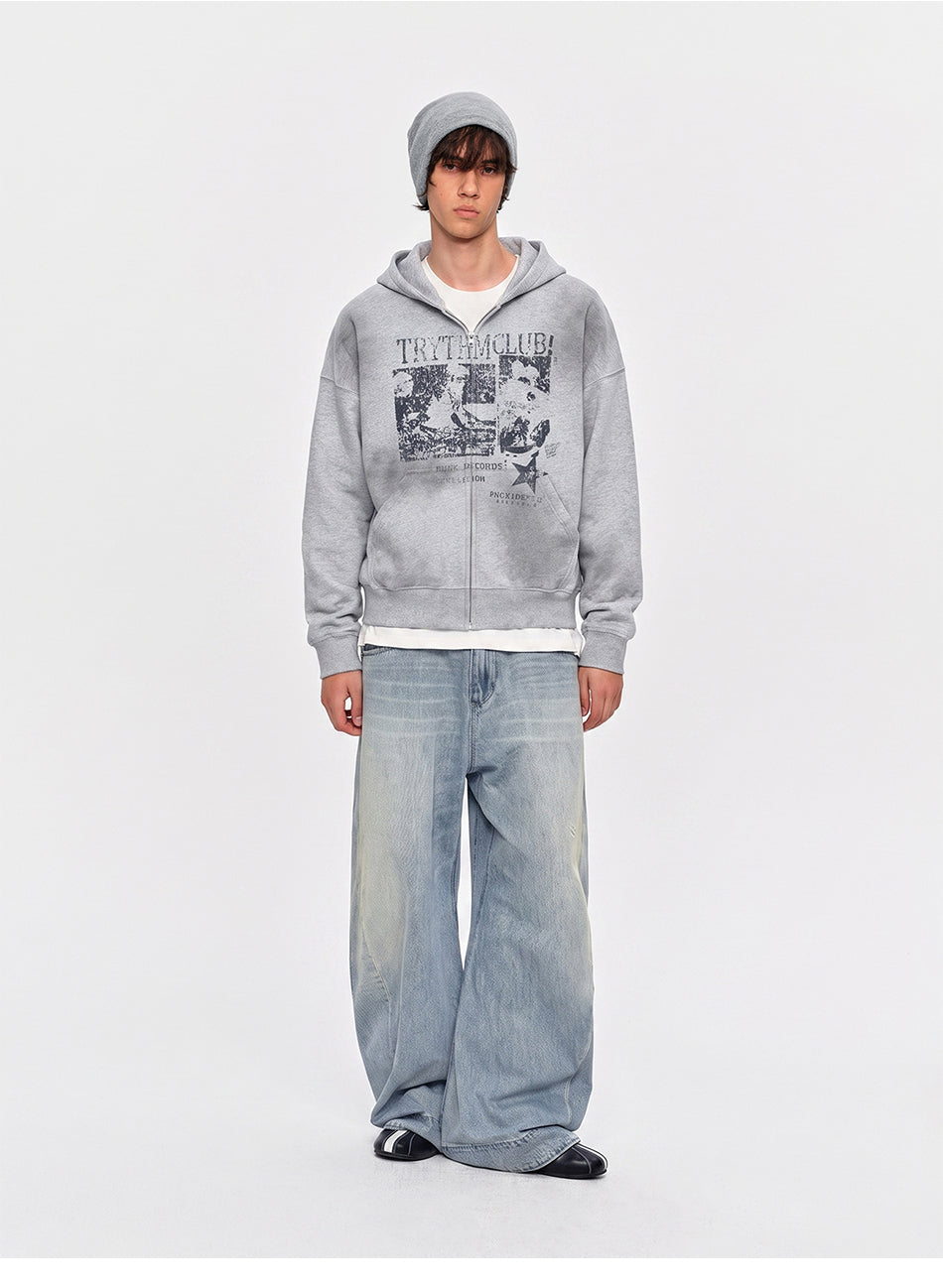 MADWITCH RECORD-PRINT WASHED ZIP HOODIE #27560