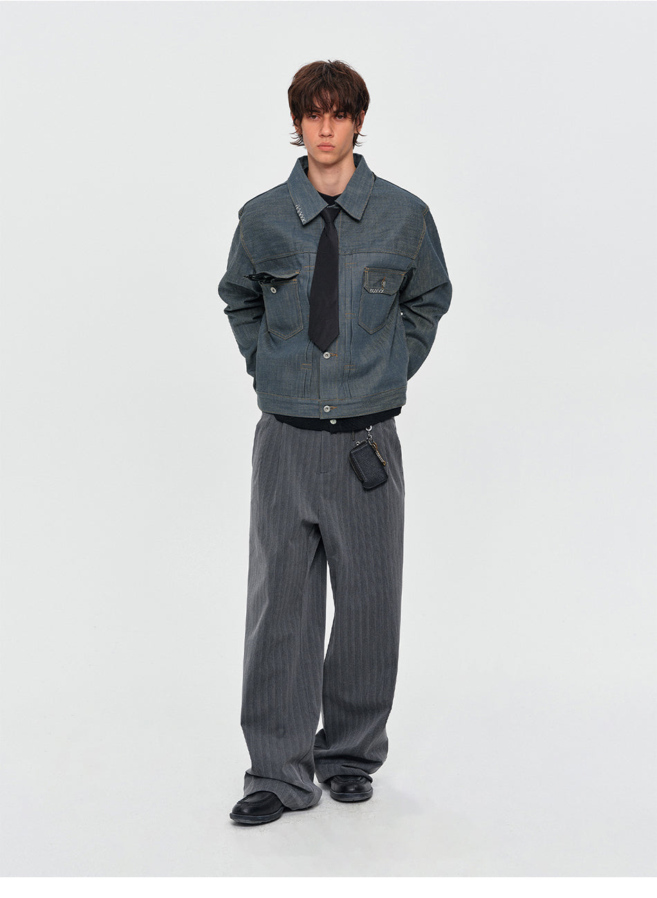 MADWITCH CONTRAST-STITCH DUAL-POCKET CROPPED DENIM JACKET #2605WT3009