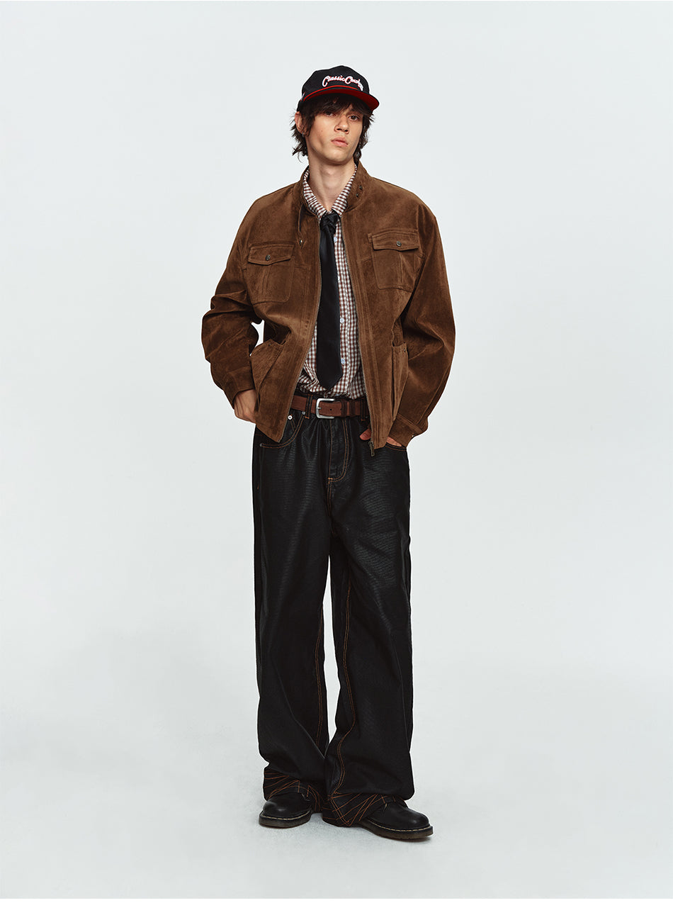 MADWITCH FLOCKED-LEATHER MULTI-POCKET CROPPED UTILITY JACKET #630168