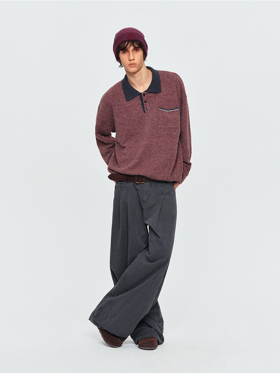 MADWITCH MARLED CONTRAST-COLLAR POLO SWEATER #AW26823