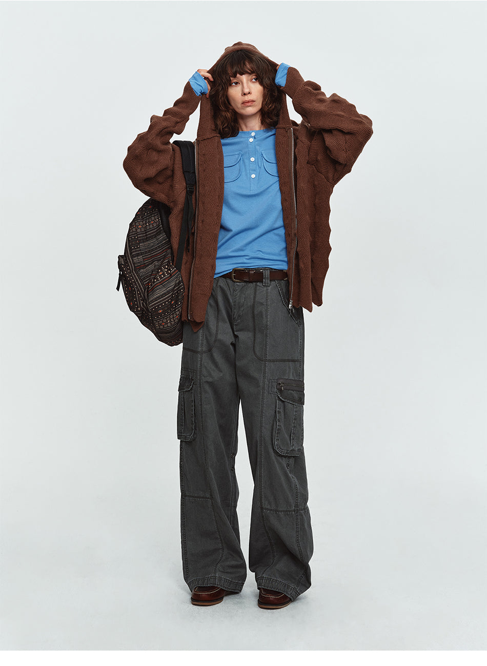 MADWITCH ASYMMETRIC CABLE-KNIT HOODED CARDIGAN #L2026708