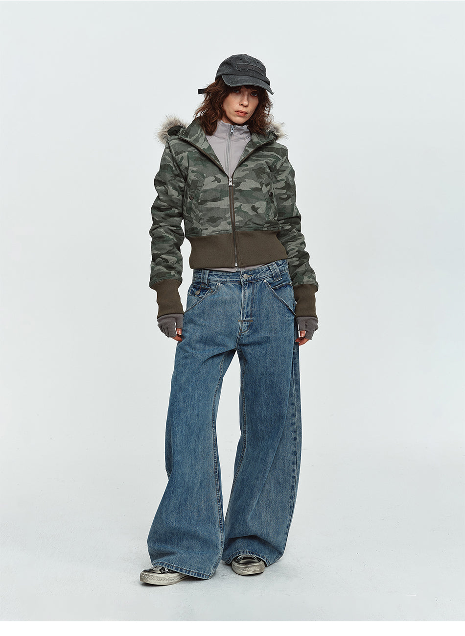 MADWITCH FAUX-FUR HOODED CINCHED CROPPED CAMO PUFFER #L2026539