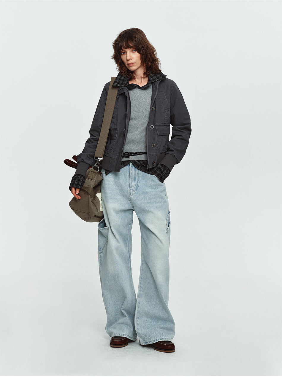 MADWITCH WASHED DISTRESSED MULTI-POCKET STAND-COLLAR CROPPED UTILITY JACKET #N606