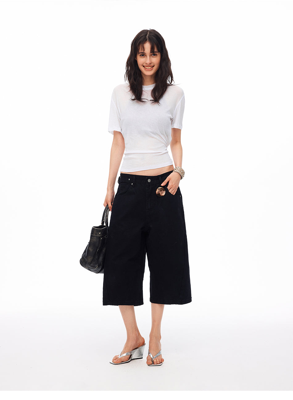 MADWITCH WASHED DISTRESSED ADJUSTABLE CAPRI PANTS #GPC9850D