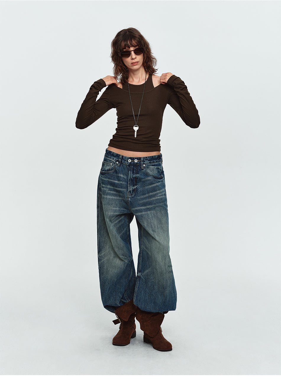 MADWITCH DOUBLE-BUTTON WASHED WIDE-LEG JEANS #GPC9857