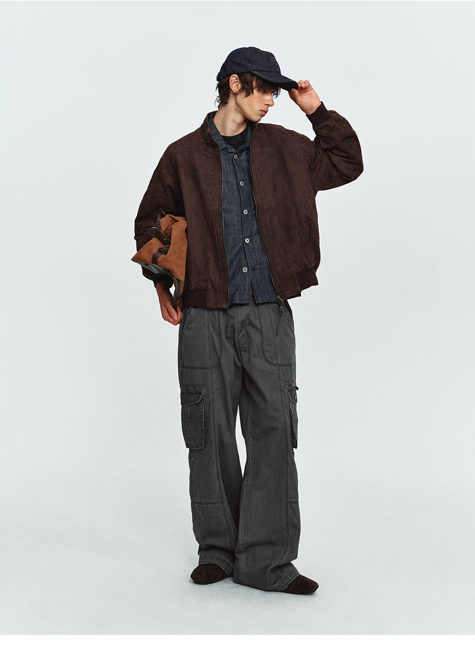 MADWITCH DISTRESSED STAND-COLLAR RIBBED-HEM CROPPED HARRINGTON JACKET #2607WT5116
