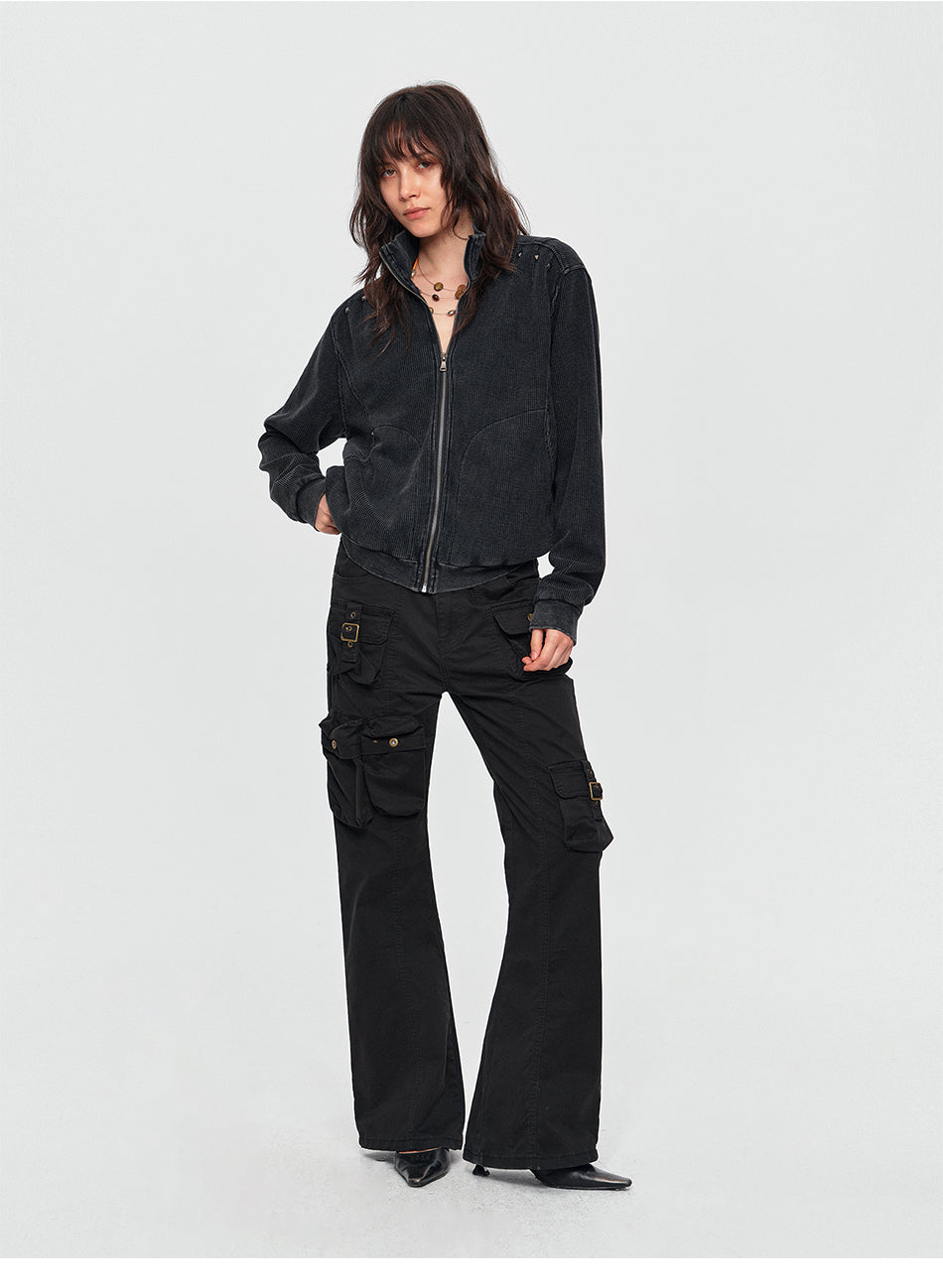 MADWITCH STUDDED WASHED-TEXTURE STAND-COLLAR CROPPED JACKET #2606WT5098