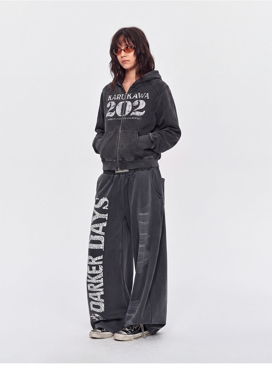 MADWITCH CRACKED-PRINT WASHED ZIP HOODIE #CW1375N