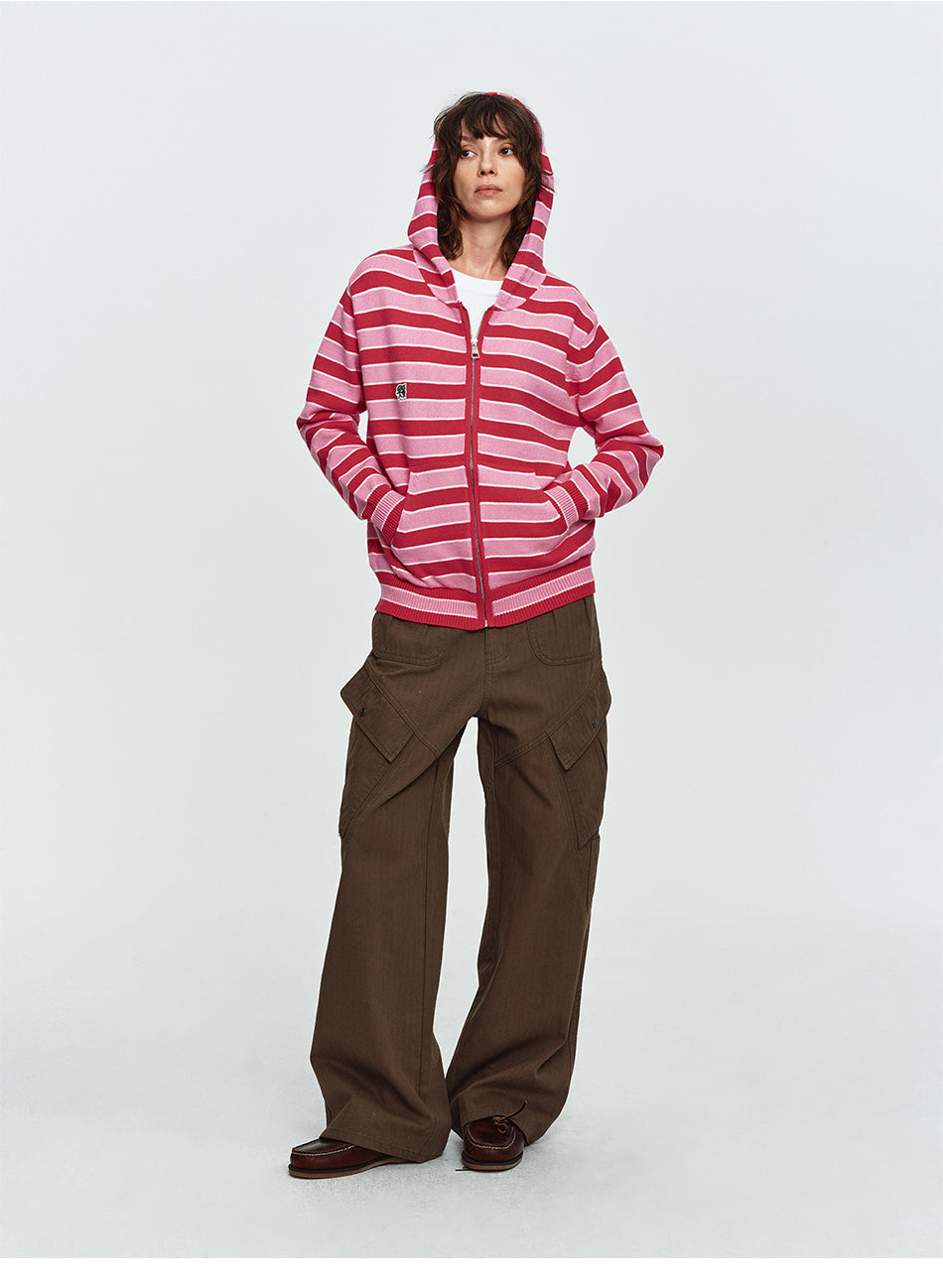 MADWITCH STRIPED EMBROIDERED ZIP HOODED CARDIGAN #L2026746