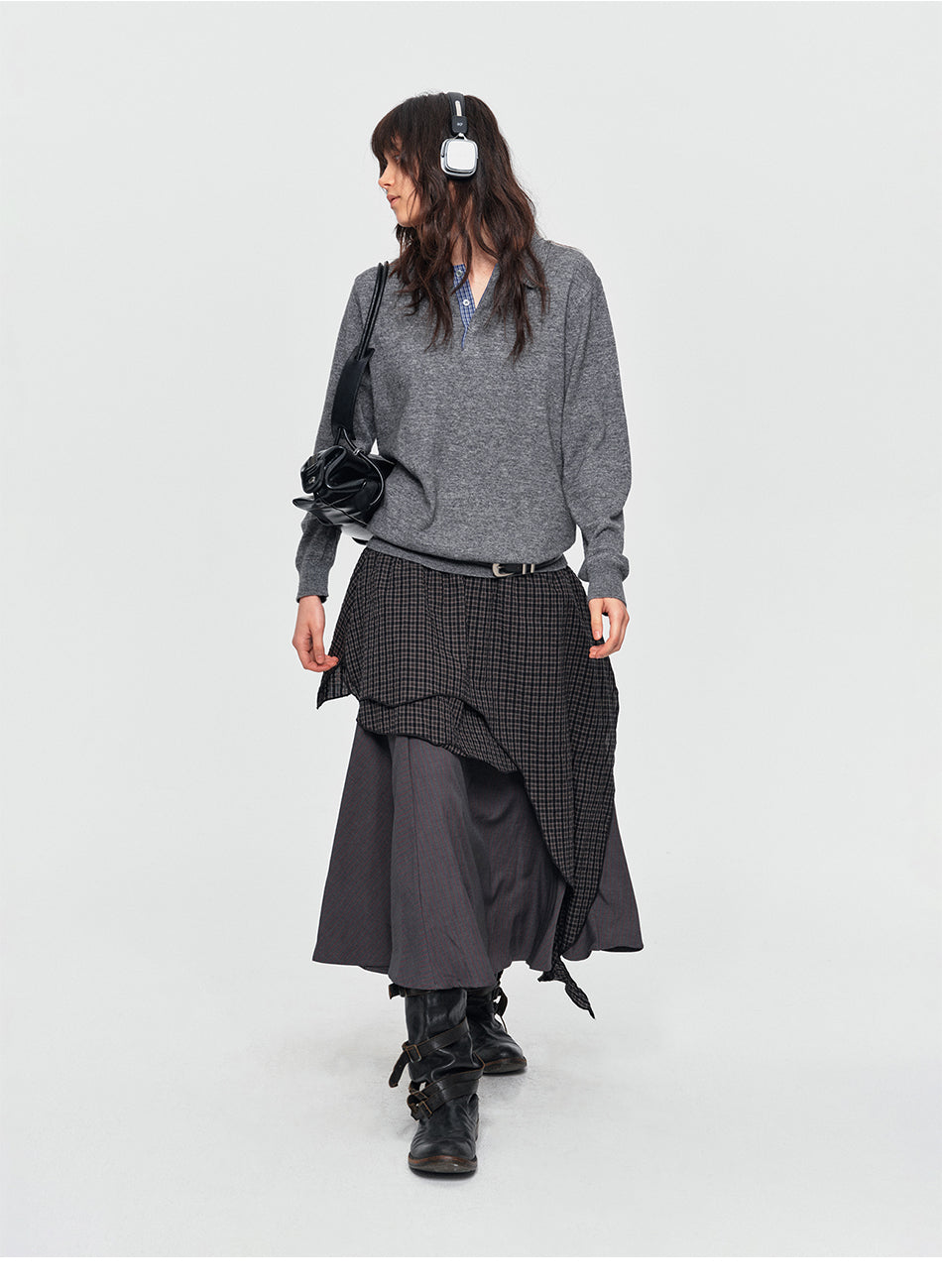 MADWITCH CONTRAST-COLLAR PLAID WOOL-BLEND CARDIGAN #11889