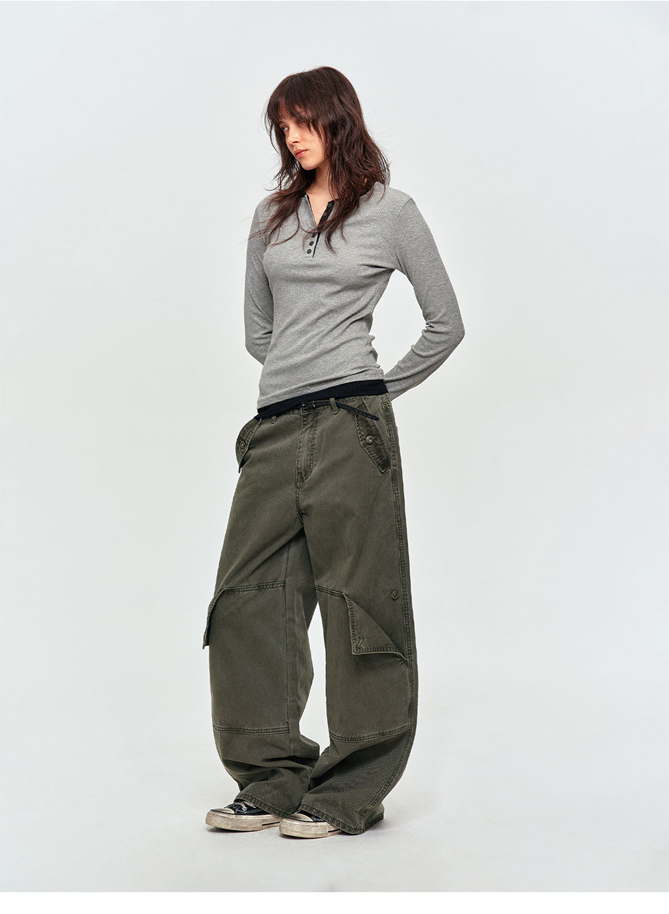 MADWITCH WASHED PANELED WIDE-LEG CARGO PANTS #DR9621