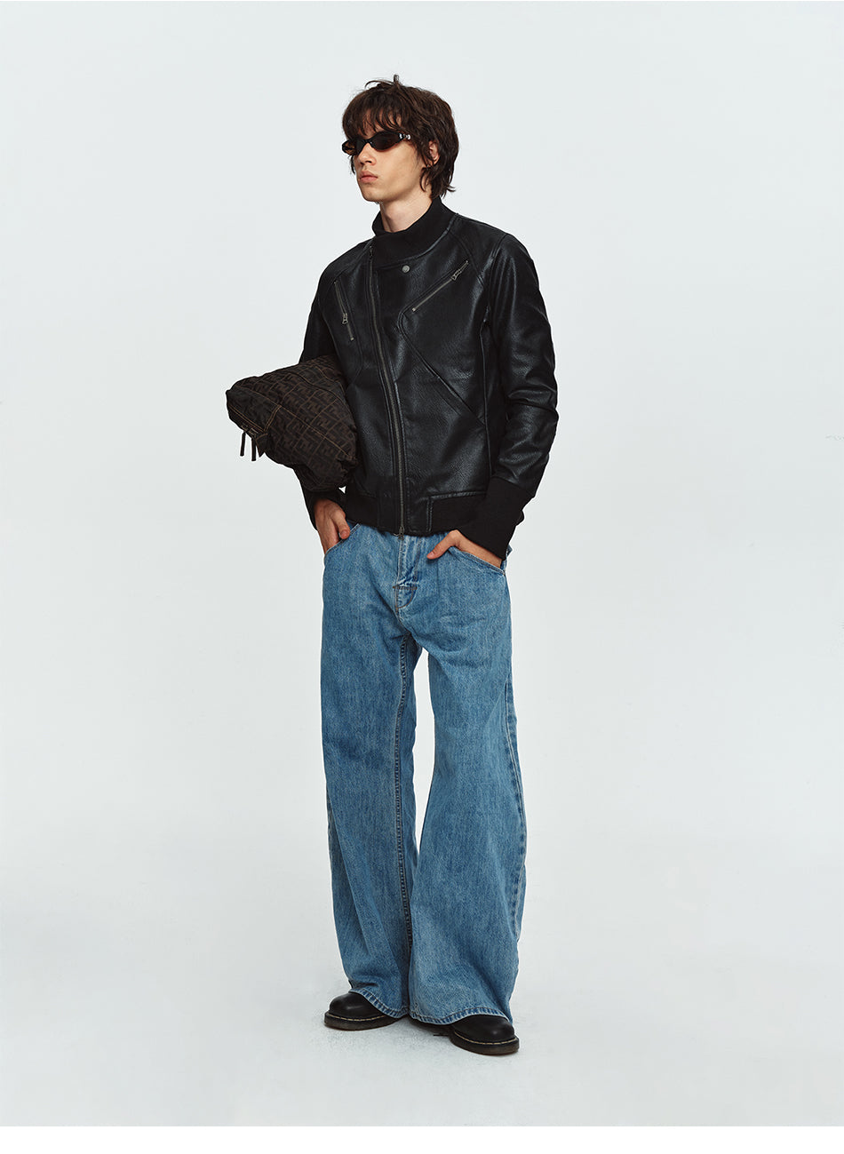 MADWITCH ASYMMETRICAL-ZIP STAND-COLLAR FAUX-LEATHER MOTO JACKET #CW1373N