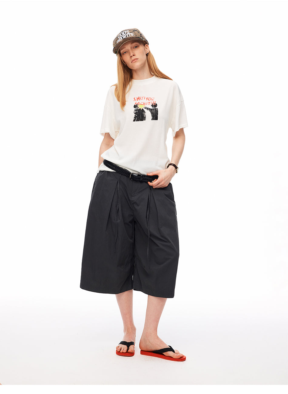 MADWITCH PLEATED DRAWSTRING DROPPED WIDE-LEG CAPRI PANTS #CK279D