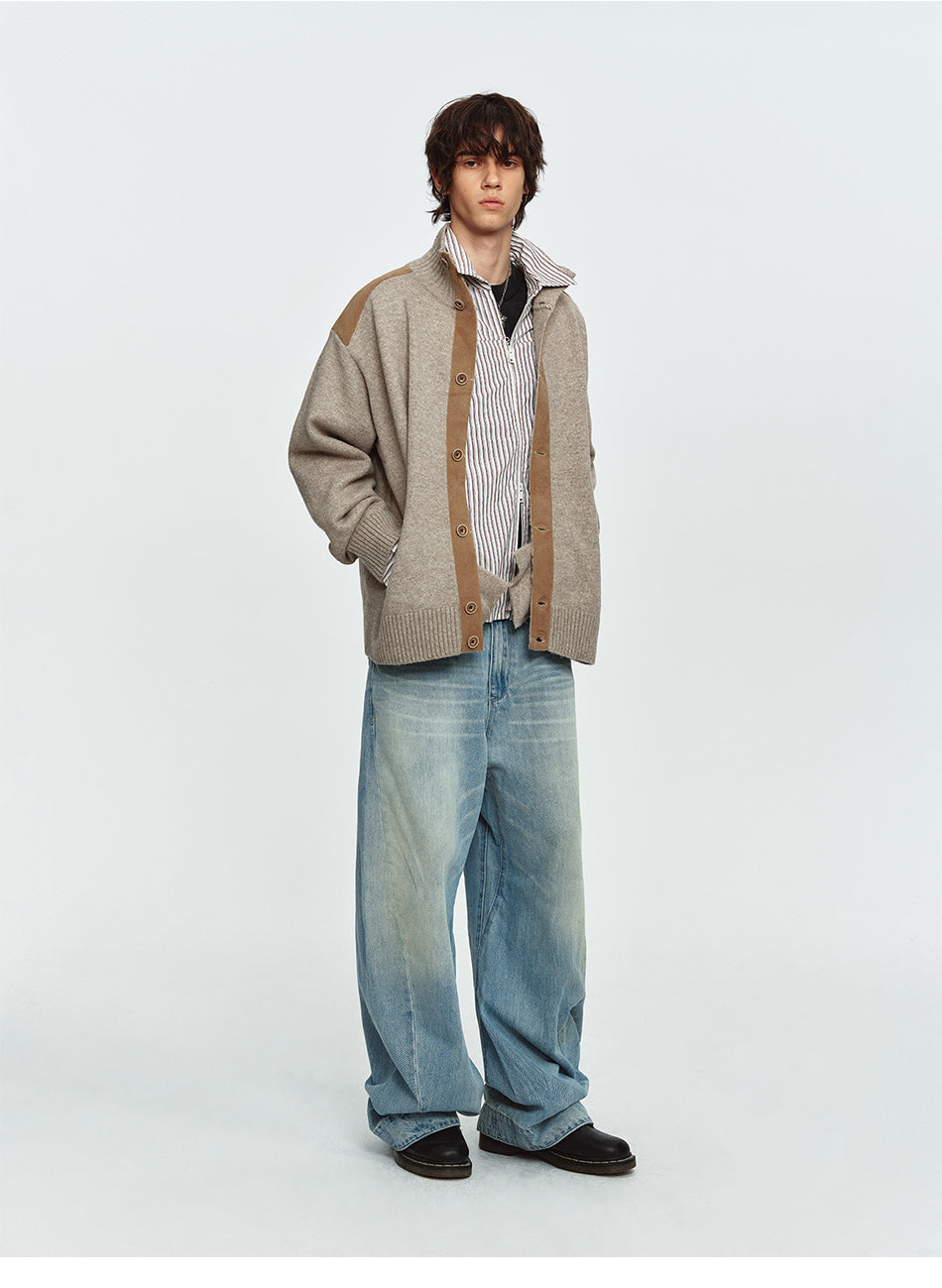 MADWITCH FAUX-SUEDE PANEL STAND-COLLAR KNIT CARDIGAN #991523