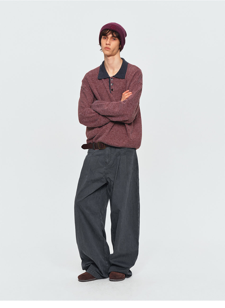 MADWITCH MARLED CONTRAST-COLLAR POLO SWEATER #AW26823