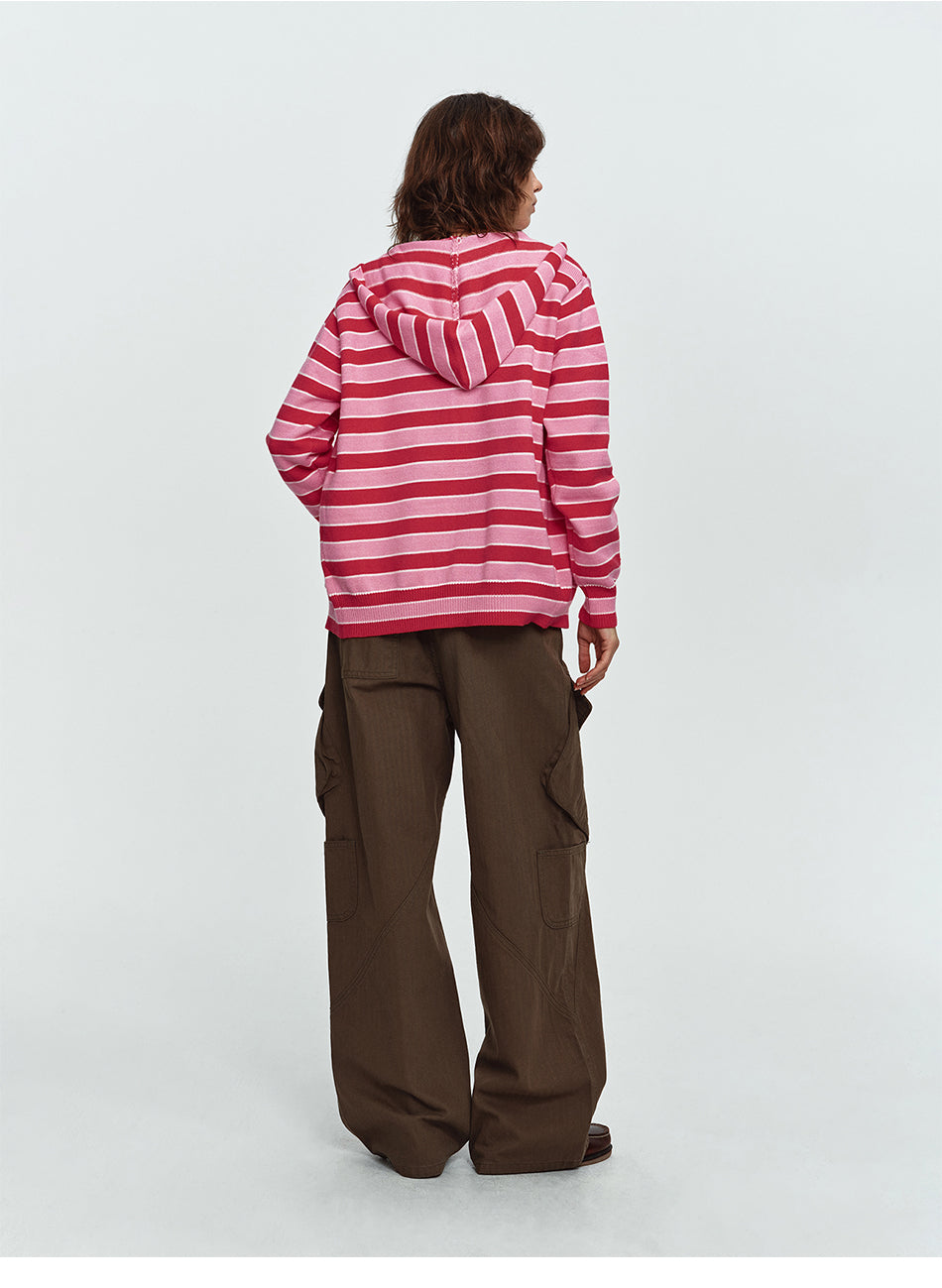MADWITCH STRIPED EMBROIDERED ZIP HOODED CARDIGAN #L2026746