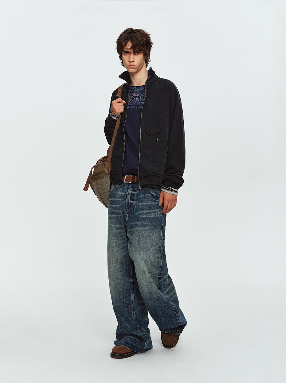 MADWITCH WASHED EYELET-POCKET ZIP SWEATSHIRT JACKET #CW1382