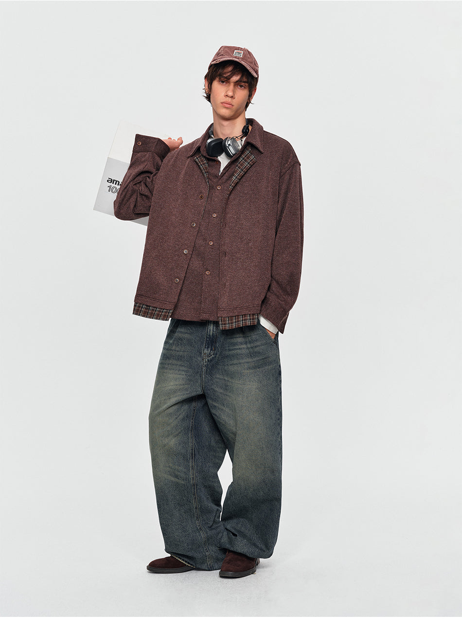 MADWITCH LAYERED PLAID-COLLAR BUTTONED SWEATSHIRT #880936