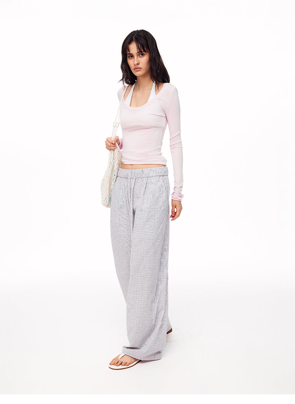 MADWITCH MINIMALIST PLAID DRAWSTRING WIDE-LEG PANTS #CK61081